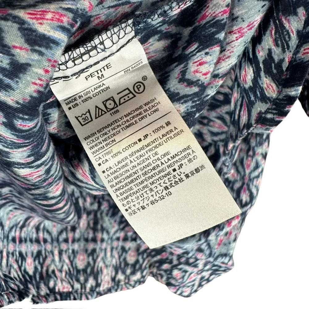Banana Republic Navy Blue Ikat Print Tie-Neck Blouse with Pink Accents
